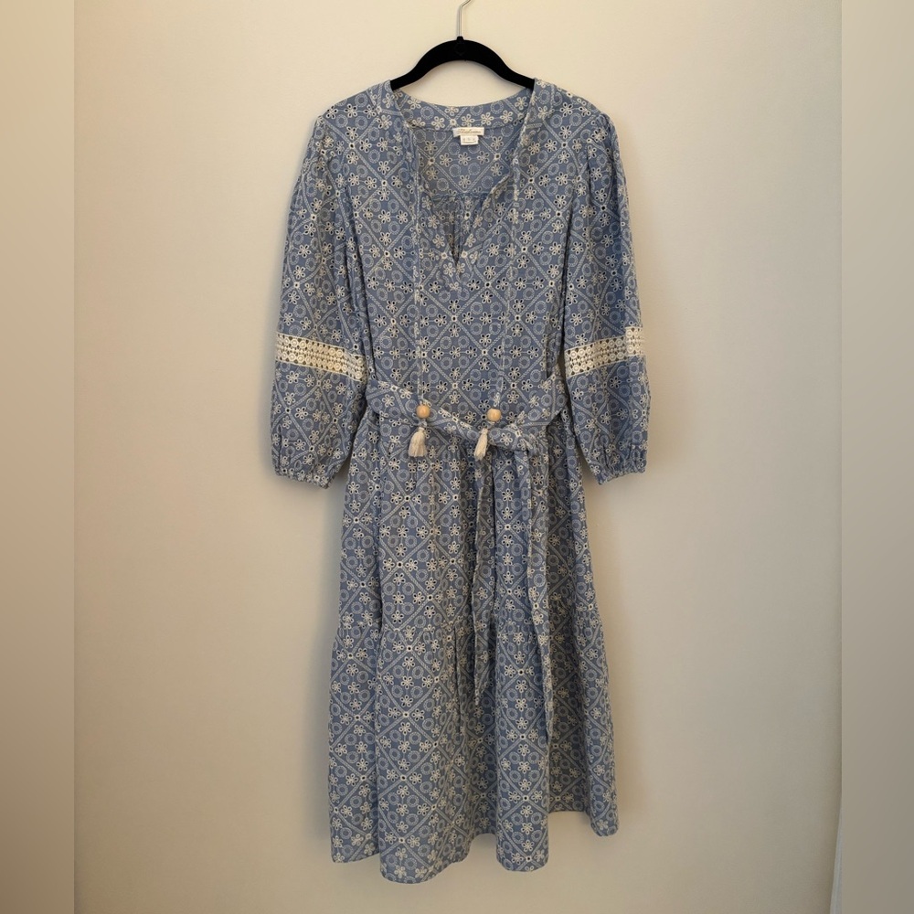 Shoshanna Blue & White Geometric Print Midi Dress with Tassel Waist